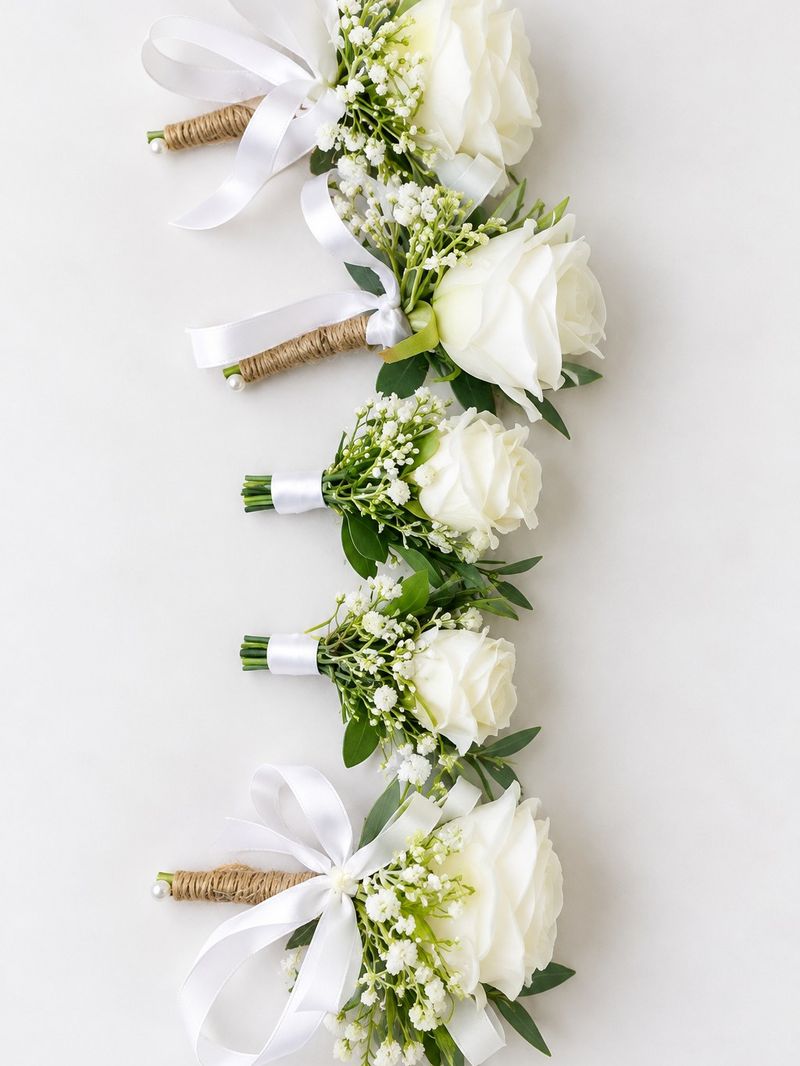 A row of ivory rose buttonholes finished with white ribbon