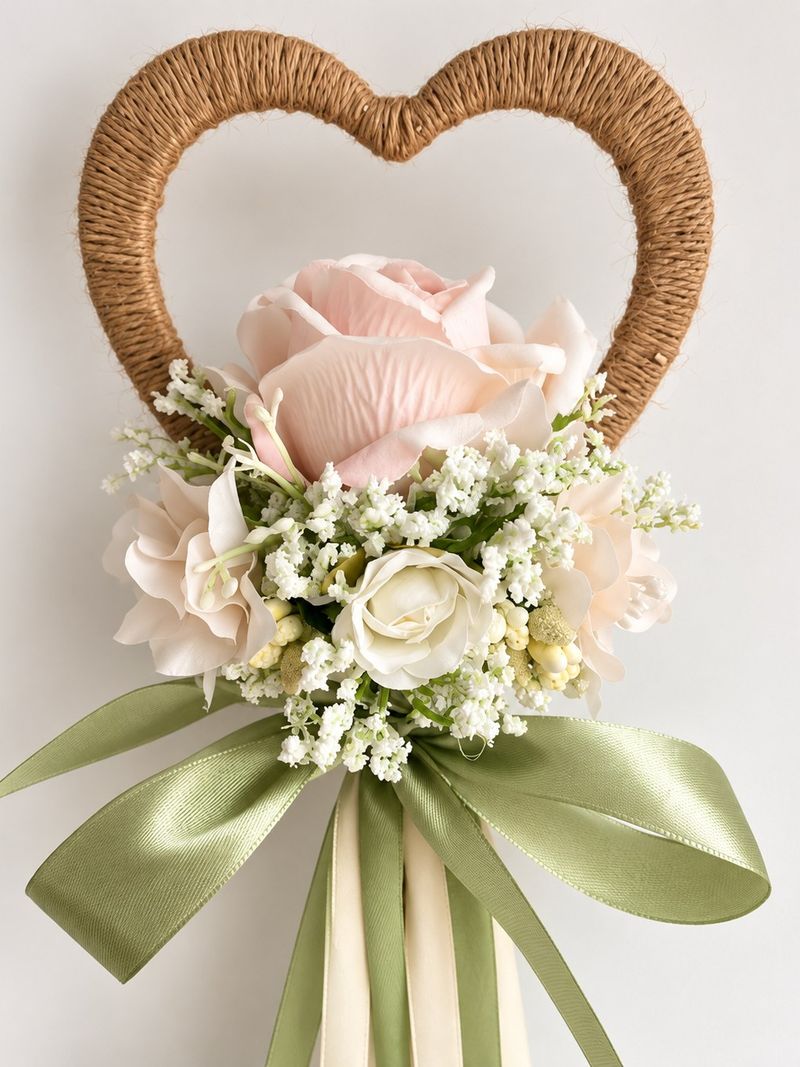 A heart wreath with a blush rose and sage green ribbon